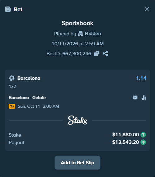 Bet slip: Barcelona - Getafe, $11,891.88 stake at 1.14 odds, placed by Valaker98