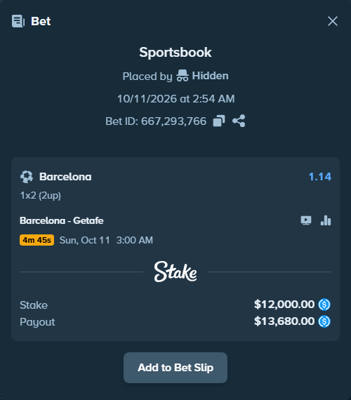 Bet slip: Barcelona - Getafe, $12,000.00 stake at 1.14 odds, placed by Thamassen