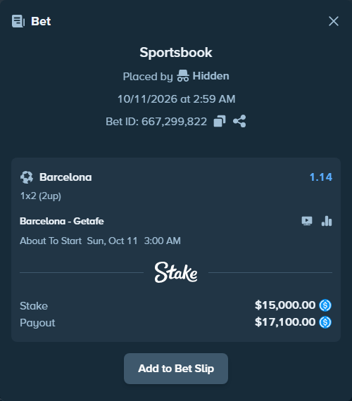 Bet slip: Barcelona - Getafe, $15,000.00 stake at 1.14 odds, placed by Storestorm