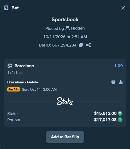 Bet slip: Barcelona - Getafe, $15,627.61 stake at 1.09 odds, placed by Krisriple