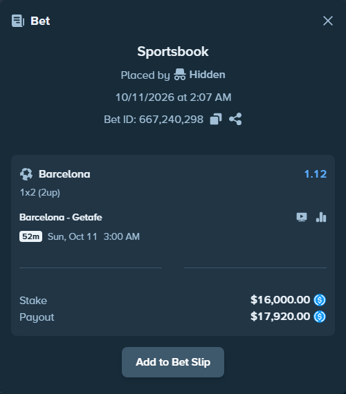 Bet slip: Barcelona - Getafe, $16,000.00 stake at 1.12 odds, placed by Erfanabol