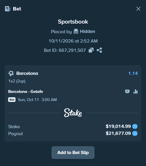 Bet slip: Barcelona - Getafe, $19,014.99 stake at 1.14 odds, placed by Rubino208