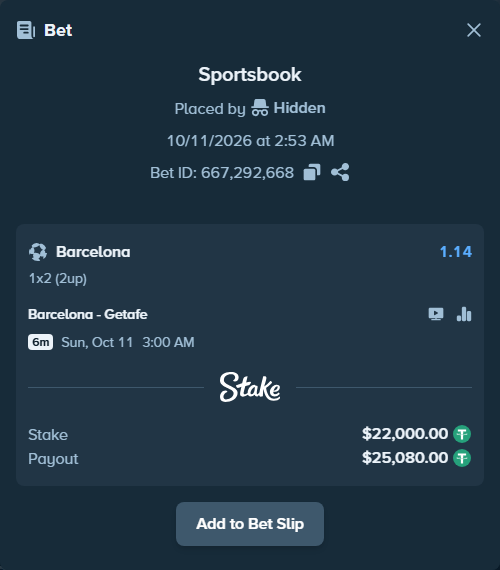 Bet slip: Barcelona - Getafe, $22,022.00 stake at 1.14 odds, placed by Petter921