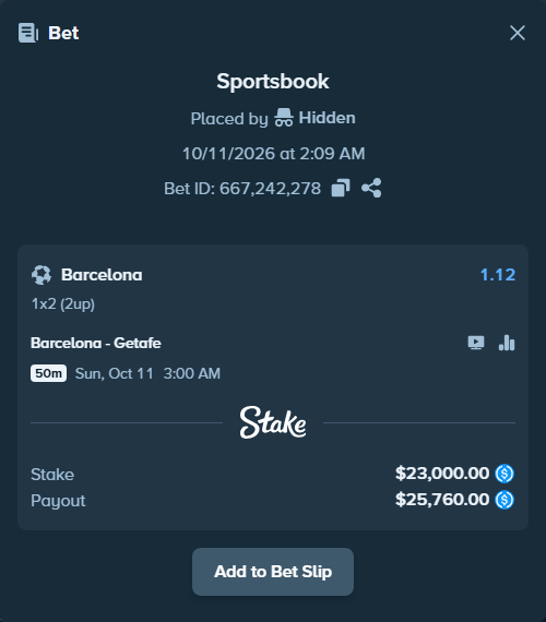 Bet slip: Barcelona - Getafe, $23,000.00 stake at 1.12 odds, placed by mathiasjuel