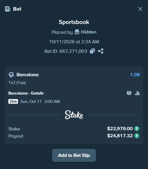 Bet slip: Barcelona - Getafe, $23,001.98 stake at 1.08 odds, placed by erlendw00