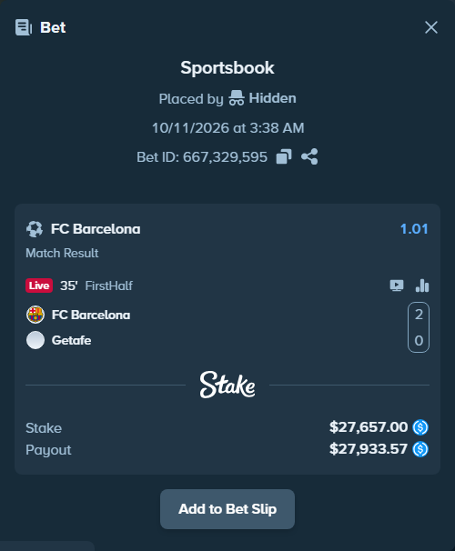 Bet slip: Barcelona - Getafe, $27,657.00 stake at 1.01 odds, placed by eilertrygh