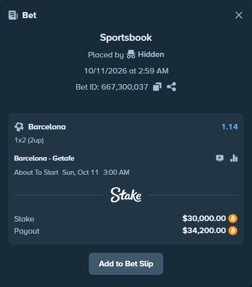Bet slip: Barcelona - Getafe, $29,989.32 stake at 1.14 odds, placed by Espnik