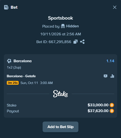 Bet slip: Barcelona - Getafe, $33,015.62 stake at 1.14 odds, placed by Hallfkh