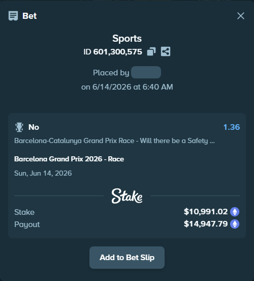 Bet slip: Barcelona Grand Prix 2026 - Race, $11,378.07 stake at 1.36 odds, placed by SHEBELAQ