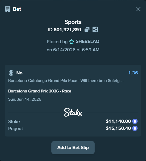 Bet slip: Barcelona Grand Prix 2026 - Race, $11,540.03 stake at 1.36 odds, placed by SHEBELAQ