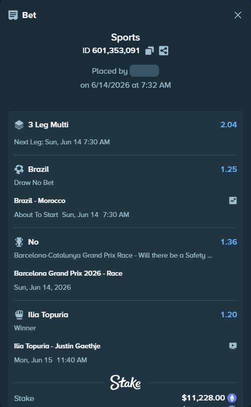 Bet slip: Barcelona Grand Prix 2026 - Race, $11,539.67 stake at 1.36 odds, placed by SHEBELAQ