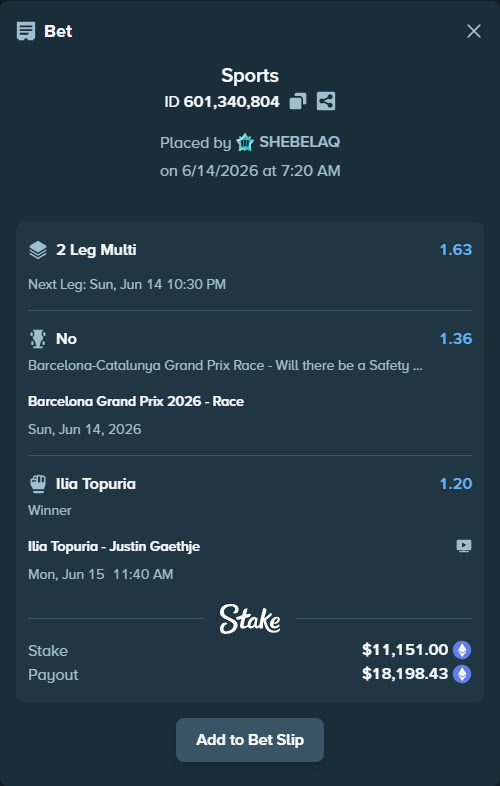 Bet slip: Barcelona Grand Prix 2026 - Race, $11,539.82 stake at 1.36 odds, placed by SHEBELAQ