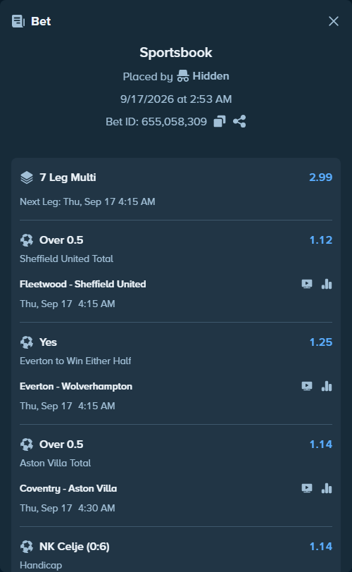 Bet slip: Barcelona - Racing Santander, $10,000.00 stake at 1.30 odds, placed by Hidden