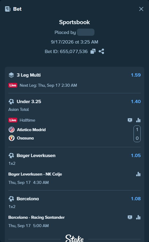 Bet slip: Barcelona - Racing Santander, $10,442.29 stake at 1.08 odds, placed by messrjaysr