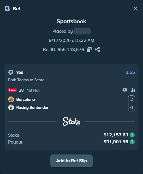 Bet slip: Barcelona - Racing Santander, $12,169.79 stake at 2.55 odds, placed by Mrazova