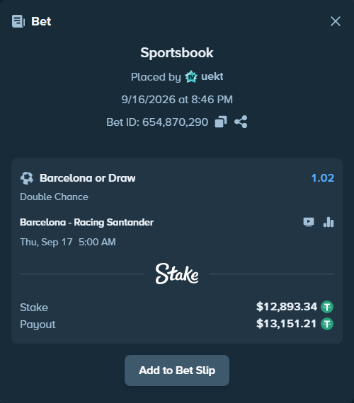 Bet slip: Barcelona - Racing Santander, $12,893.34 stake at 1.02 odds, placed by uekt