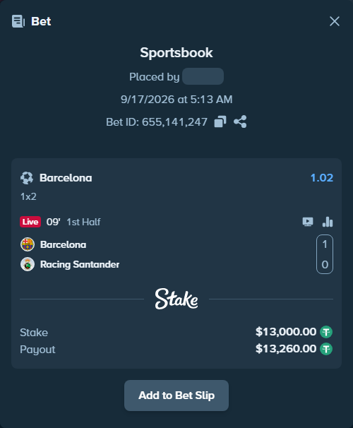 Bet slip: Barcelona - Racing Santander, $13,013.00 stake at 1.02 odds, placed by Armo098