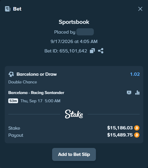 Bet slip: Barcelona - Racing Santander, $15,275.80 stake at 1.02 odds, placed by VictorValeriu