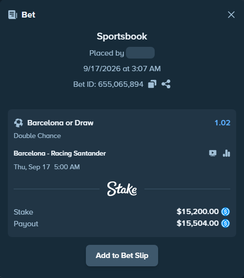 Bet slip: Barcelona - Racing Santander, $15,200.00 stake at 1.02 odds, placed by AdrewTate