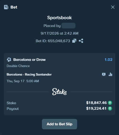 Bet slip: Barcelona - Racing Santander, $18,847.46 stake at 1.02 odds, placed by uekt