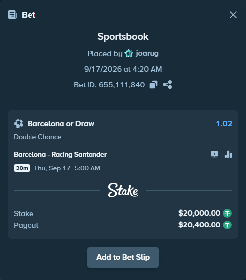 Bet slip: Barcelona - Racing Santander, $20,020.00 stake at 1.02 odds, placed by joarug