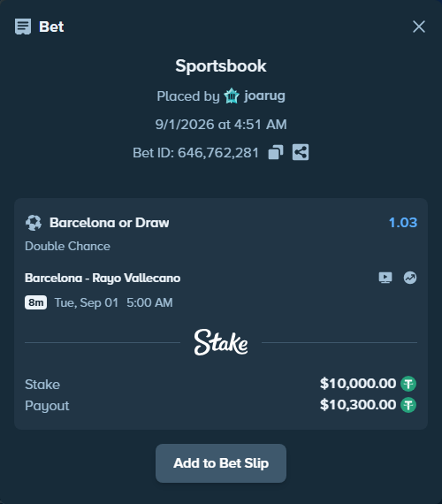 Bet slip: Barcelona - Rayo Vallecano, $10,000.00 stake at 1.03 odds, placed by joarug