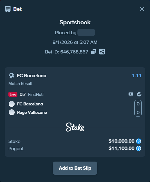 Bet slip: Barcelona - Rayo Vallecano, $10,000.00 stake at 1.11 odds, placed by hagrid17