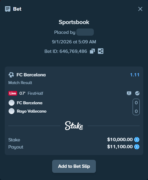 Bet slip: Barcelona - Rayo Vallecano, $10,000.00 stake at 1.11 odds, placed by Armo098