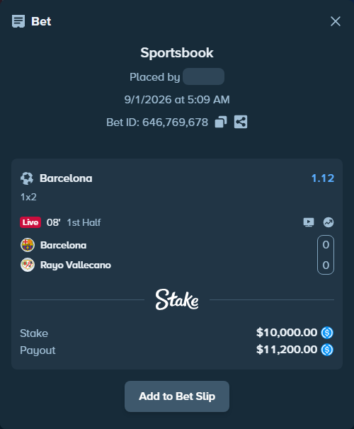 Bet slip: Barcelona - Rayo Vallecano, $10,000.00 stake at 1.12 odds, placed by floutp451