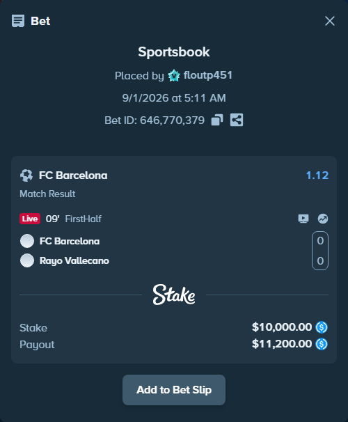 Bet slip: Barcelona - Rayo Vallecano, $10,000.00 stake at 1.12 odds, placed by floutp451