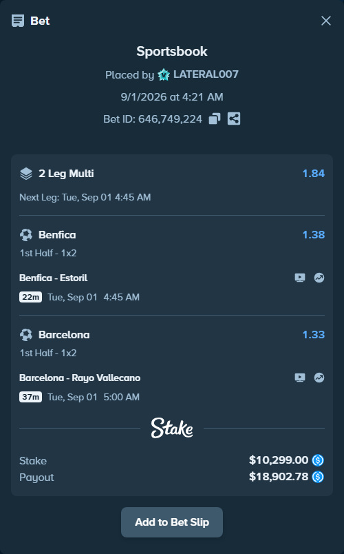 Bet slip: Barcelona - Rayo Vallecano, $10,299.00 stake at 1.33 odds, placed by LATERAL007