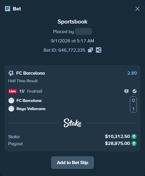 Bet slip: Barcelona - Rayo Vallecano, $10,312.50 stake at 2.80 odds, placed by partizanti22