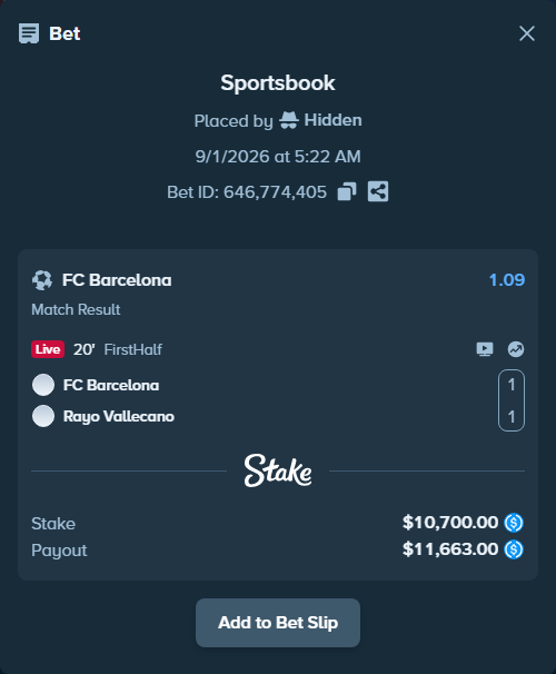 Bet slip: Barcelona - Rayo Vallecano, $10,700.00 stake at 1.09 odds, placed by Hidden