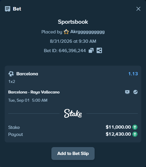 Bet slip: Barcelona - Rayo Vallecano, $11,000.00 stake at 1.13 odds, placed by Akrgggggggggg