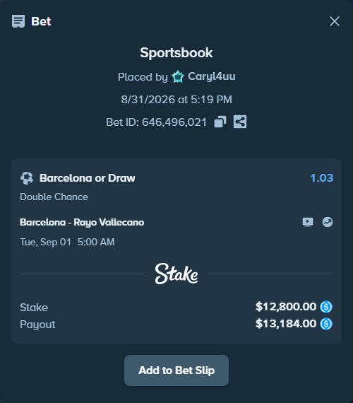 Bet slip: Barcelona - Rayo Vallecano, $12,800.00 stake at 1.03 odds, placed by Caryl4uu