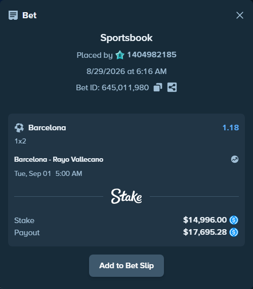 Bet slip: Barcelona - Rayo Vallecano, $14,996.00 stake at 1.18 odds, placed by 1404982185