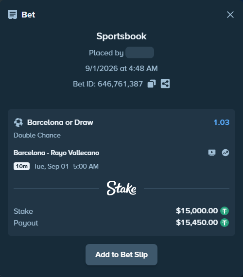 Bet slip: Barcelona - Rayo Vallecano, $15,000.00 stake at 1.03 odds, placed by bjellesau17