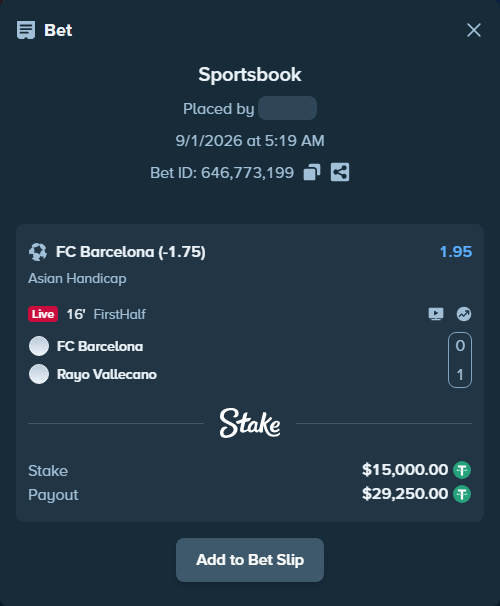 Bet slip: Barcelona - Rayo Vallecano, $15,000.00 stake at 1.95 odds, placed by KOHINUR7474