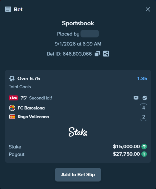 Bet slip: Barcelona - Rayo Vallecano, $15,000.00 stake at 1.85 odds, placed by KOHINUR7474