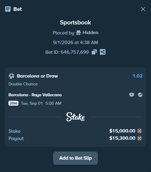 Bet slip: Barcelona - Rayo Vallecano, $14,812.44 stake at 1.02 odds, placed by Hidden