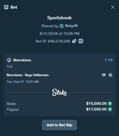 Bet slip: Barcelona - Rayo Vallecano, $15,500.00 stake at 1.10 odds, placed by BatyrM