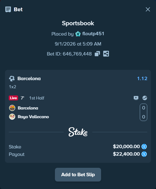 Bet slip: Barcelona - Rayo Vallecano, $20,000.00 stake at 1.12 odds, placed by floutp451