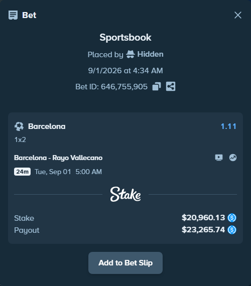 Bet slip: Barcelona - Rayo Vallecano, $20,960.13 stake at 1.11 odds, placed by Hidden