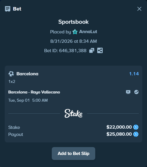 Bet slip: Barcelona - Rayo Vallecano, $22,000.00 stake at 1.14 odds, placed by AnnaLut