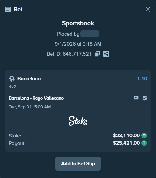 Bet slip: Barcelona - Rayo Vallecano, $23,110.00 stake at 1.10 odds, placed by betuntilwet
