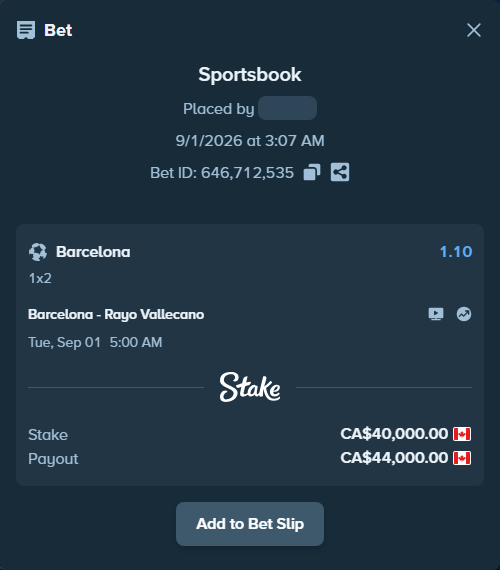 Bet slip: Barcelona - Rayo Vallecano, $29,600.00 stake at 1.10 odds, placed by Zach0919