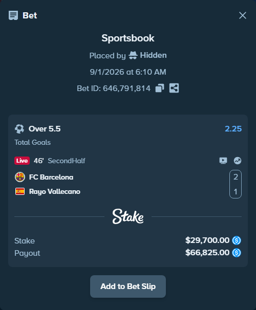 Bet slip: Barcelona - Rayo Vallecano, $29,700.00 stake at 2.25 odds, placed by Hidden