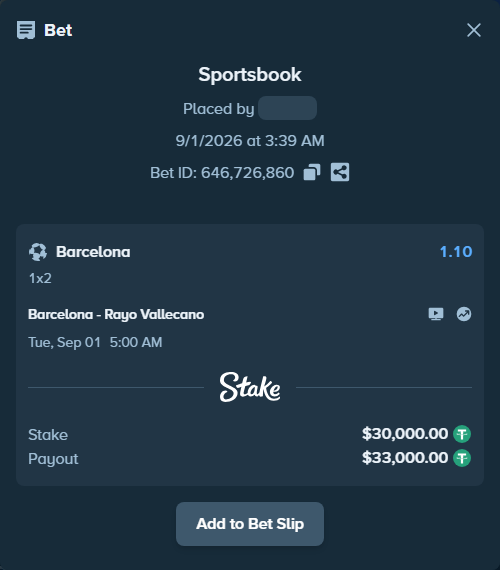 Bet slip: Barcelona - Rayo Vallecano, $30,000.00 stake at 1.10 odds, placed by betuntilwet