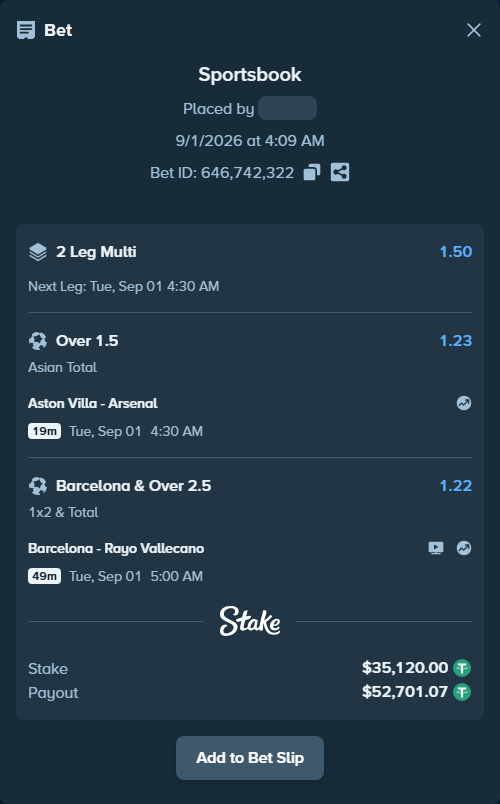 Bet slip: Barcelona - Rayo Vallecano, $35,120.00 stake at 1.22 odds, placed by SH7N28