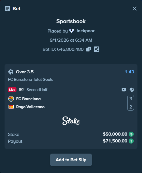Bet slip: Barcelona - Rayo Vallecano, $50,000.00 stake at 1.43 odds, placed by Jackpoor